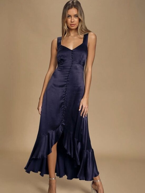 Lulus Dresses & Skirts - NWT Lulus Abundant Love Navy Blue Ruffled High-Low Maxi Dress (size XS)